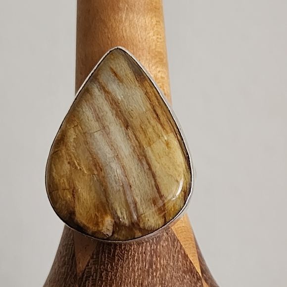 Unique Statement Natural Cut Teardrop Wood Jasper Palm Stone Women's Ring - Picture 1 of 8